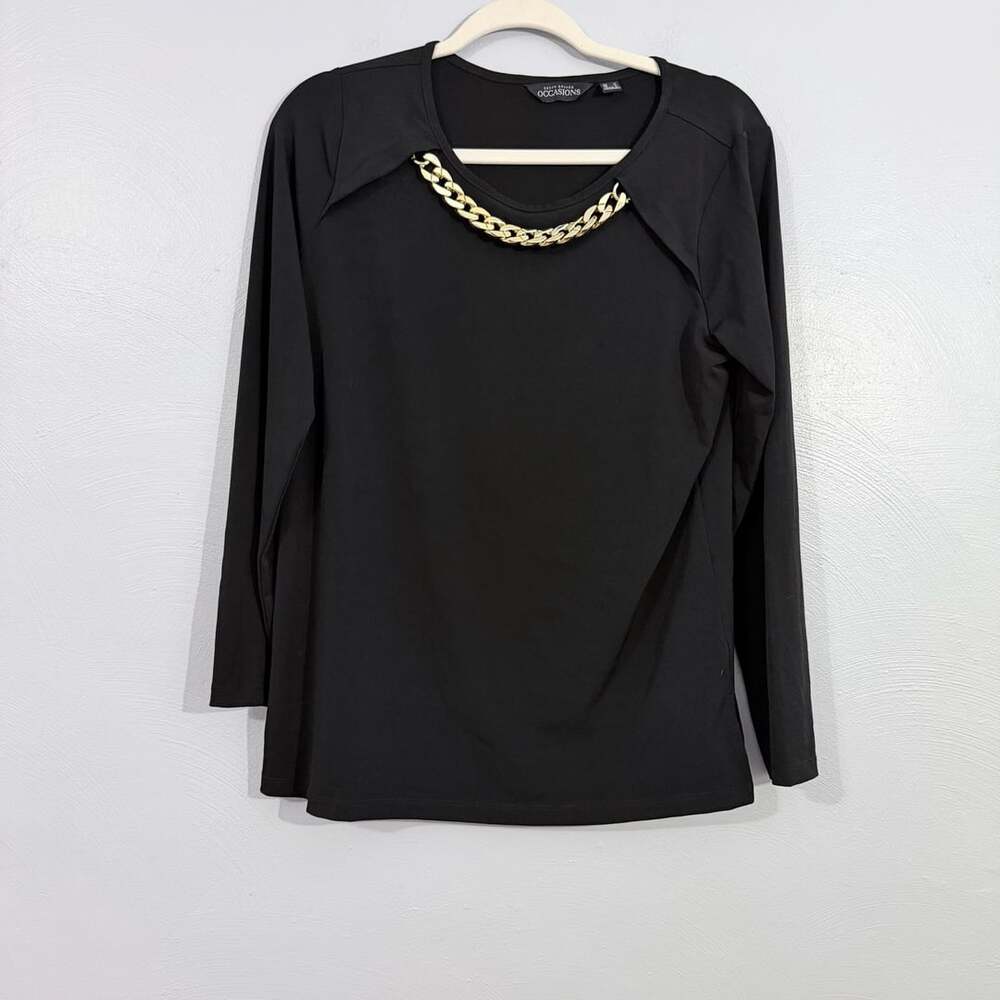 Susan Graver Occasions Black Long Sleeve Top Cutout Gold Chain Accent M